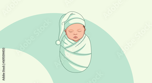 Illustration of a newborn baby sleeping peacefully in a swaddle with a night cap