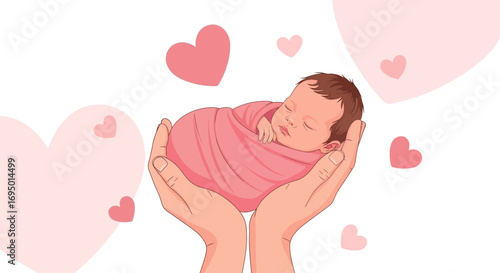 Illustration of a newborn baby sleeping peacefully in loving hands with hearts illustrations