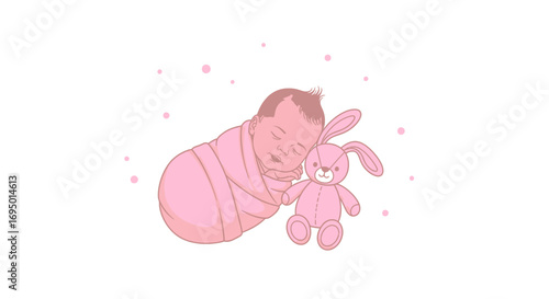 Illustration of a newborn baby sleeping with a pink stuffed bunny toy