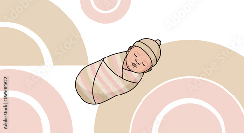 Illustration of a newborn baby swaddled and sleeping, simple minimalist design