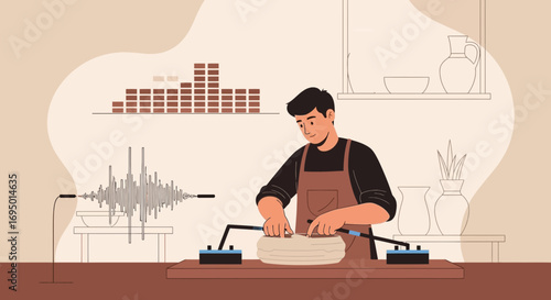 A potter working on a pottery wheel in his studio creating sound reactive art pieces