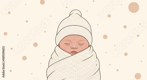 Illustration of a newborn baby swaddled and wearing a hat with a light background
