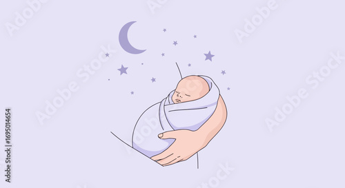 Illustration of a newborn baby swaddled in a blanket held by parent at nightime