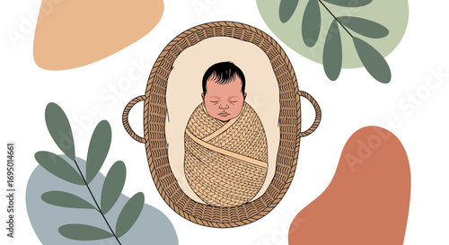 Illustration of a Newborn Baby Swaddled in a Basket with Decorative Elements