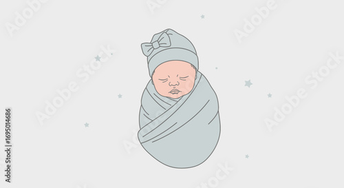 Illustration of a newborn baby swaddled in a blanket sleeping peacefully