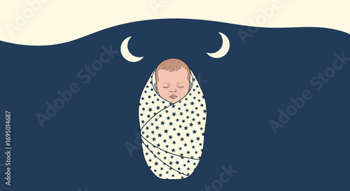 Illustration of a newborn baby swaddled in a blanket under the moonlight in the night