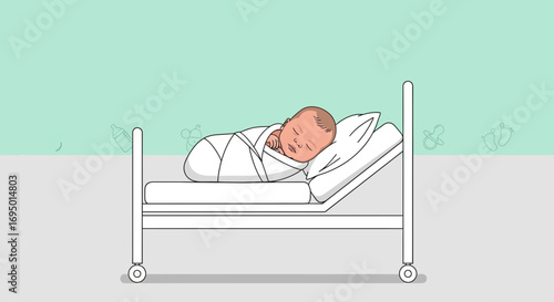 Illustration of a Newborn Baby Swaddled Sleeping in a Hospital Bed for Concept
