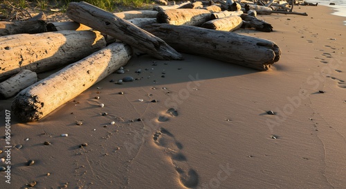 Driftwood logs on sandy beach shoreline under sunlight