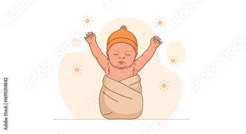 Illustration of a newborn baby wrapped in a blanket with arms raised in the air