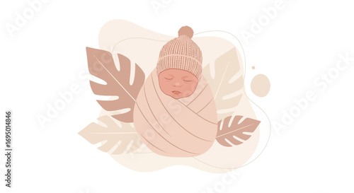 Illustration of a newborn baby wrapped in a blanket with a hat on, leaves in the background