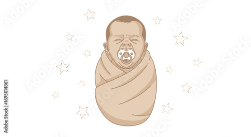 Illustration of a newborn baby wrapped in a blanket with stars on a white background