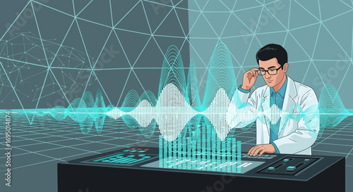 A scientist analyzes complex data streams and futuristic interface visuals during research