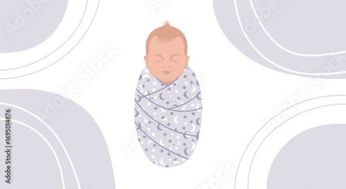 Illustration of a newborn baby wrapped in a swaddled blanket with stars and moons design