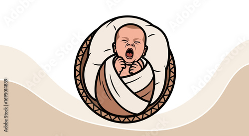 Illustration of a newborn baby yawning in a bed, modern vector art design