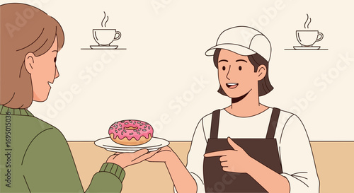 Illustration of a person buying a donut in a coffee shop, customer service concept