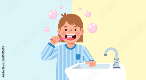 Illustration of a person brushing teeth in the bathroom or to maintain good oral hygiene