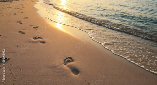 Footprints in sand at beach edge with water and sunlight