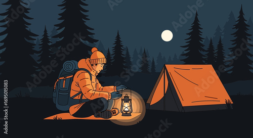 Illustration of a person camping in a forest at night near a tent and a lantern