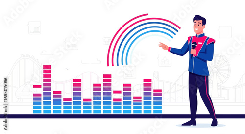 A vibrant cartoon of a man presenting at a modern amusement park with colorful graphics