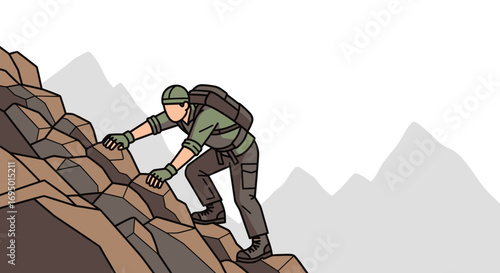 Illustration of a person climbing a mountain showing the challenges, and determination