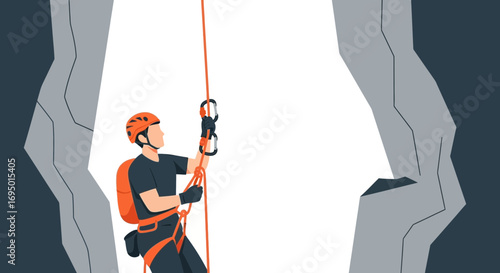 Illustration of a Person Climbing Down a Cliff Face Practicing the Sport of Rappelling