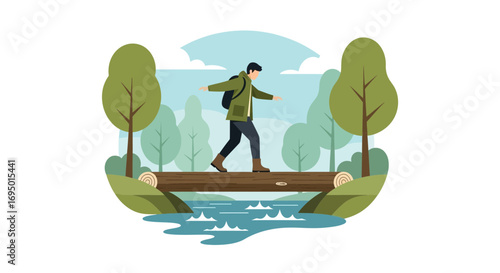 Illustration of a person crossing a log bridge over water in a natural environment