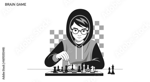 Illustration of a Person Concentrating While Playing Chess in Simplified Style