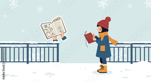 A winter day spent reading outdoors with illustrated books and snowy scenery creating a serene