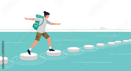 Illustration of a person crossing a river on stepping stones, adventure concept