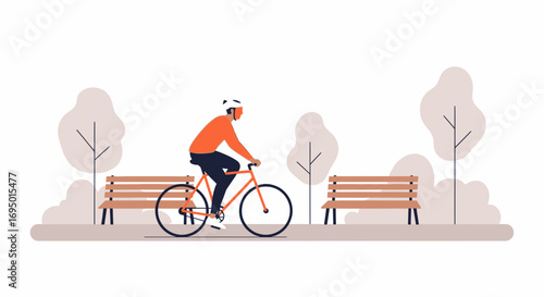 Illustration of a person cycling in a park wearing a helmet on bicycle, flat vector design