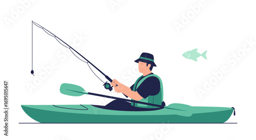 Illustration of a person fishing from a kayak on a lake during a sunny day