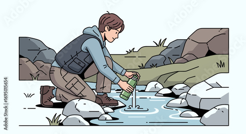 Illustration of a person filling a water bottle from a stream outdoor adventure