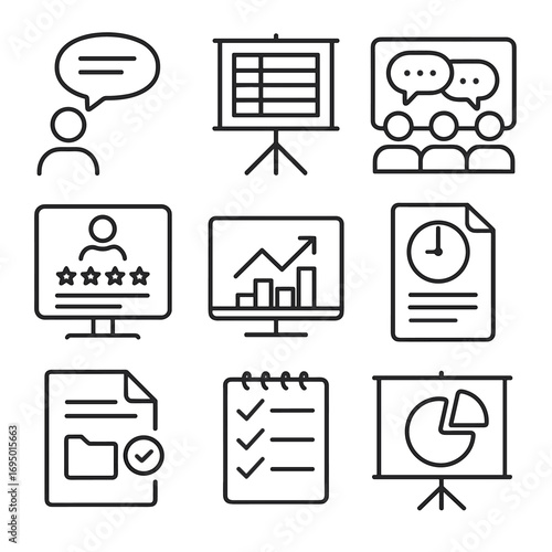 Meeting Feedback Icons. Line style icons of feedback and reporting in meetings: verbal summary bubble, report table on projector,