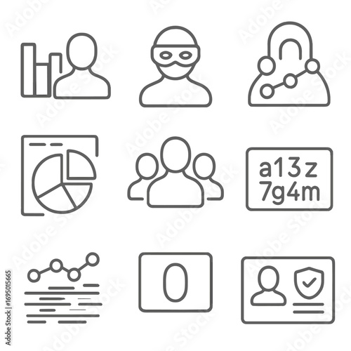 Anonymized Data Icons. Line style icons of anonymized data visualization: hidden profile bar chart, mask over user icon,