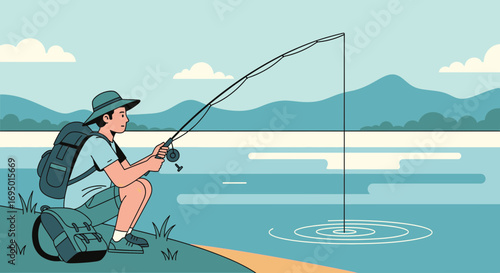 Illustration of a person fishing in nature next to a body of water at daytime