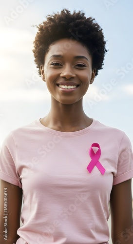 A woman wearing a pink shirt with a pink ribbon, supporting breast cancer awareness