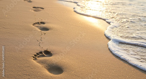 Footprints in sand beside ocean wave reflecting sunlight