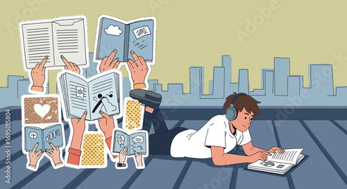 A young man is immersed in reading a book while wearing headphones on a rooftop urban retreat