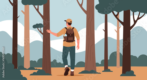 Illustration of a person hiking through a forest with trees and mountains in background