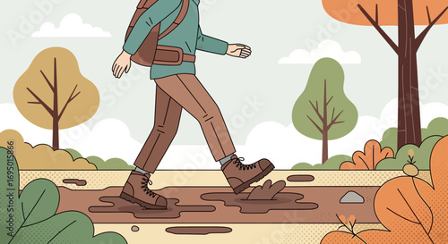 Illustration of a person hiking through a muddy path in a natural outdoor environment