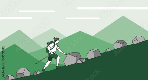 Illustration of a person hiking up a mountain with a backpack and hiking pole