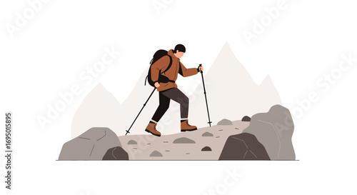 Illustration of a person hiking up a mountain, sport activity concept outdoor