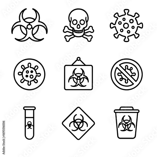 Biohazard Symbols Collection. Line style icons of biohazard and health risk symbols: biohazard icon, toxic material warning, virus