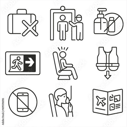 Airport Safety Icons. Line style icons of airport and travel safety signage: baggage screening warning, security check symbol,