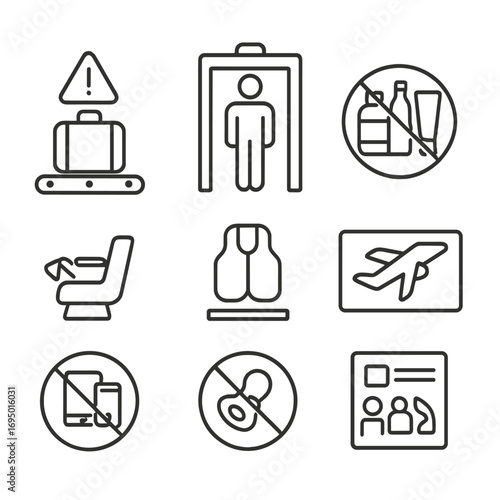 Airport Safety Icons. Line style icons of airport and travel safety signage: baggage screening warning, security check symbol,