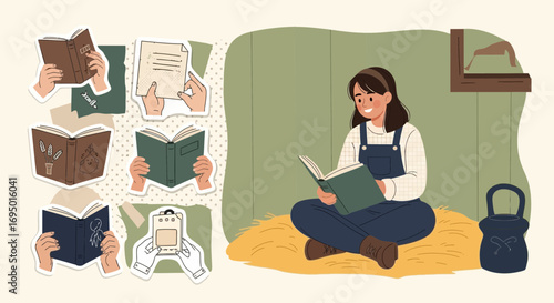 A young woman enjoys reading books in a cozy hayloft setting surrounded by book imagery