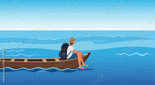 Illustration of a person in a boat sailing on the sea with a backpack on