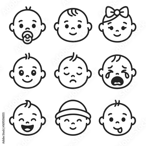 Baby Face Icons. Line style icons of baby and toddler faces: pacifier in mouth, chubby cheeks icon, big eyes smiling, baby with
