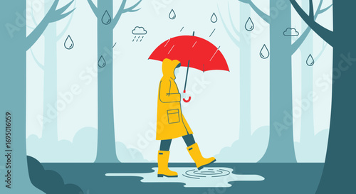 Illustration of a person in yellow raincoat walking in the rain with umbrella