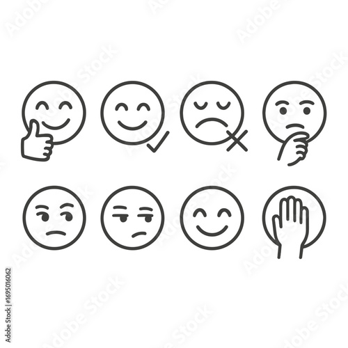 Face Reaction Icons. Line style icons of face reaction and gesture icons: face with thumbs up, face nodding yes, face shaking no,